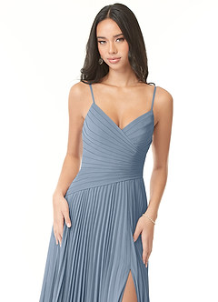 Azazie Vini Robes de demoiselle d'honneur Robe Trapèze en Mousseline de soie Col V plissé Bleu Poussiéreux image6