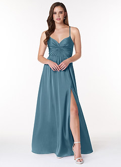 Azazie Raya Vestidos de damas de honor Vestido de Bermudas de Satén Elástico de Corte en A con Cuello en V Plisado image1