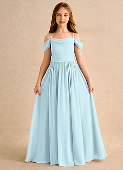 Azazie Shia Girls Formal Robe Demoiselle D'honneur Fillette Robe Trapèze en Mousseline de soie Épaules dénudées Bleu Nuage image5