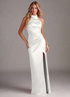 Azazie Jemma Bridesmaid Dresses White Sheath Pleated Stretch Satin Dress image3