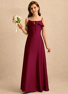 Azazie Kapri Girls Formal Robe Demoiselle D'honneur Fillette Robe Trapèze en Satin extensible Rayé Bourgogne image1