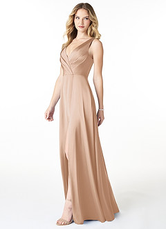 Azazie Nelly Vestidos de damas de honor Vestido de Rosa Inglesa de Satén Elástico de Corte en A con Cuello en V Plisado image3