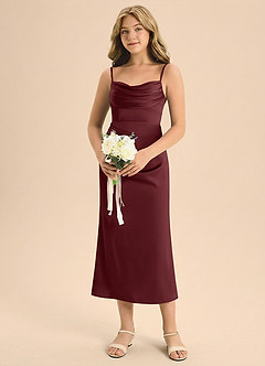 Azazie Mai Junior 쉬스 주름진 스트레치 새틴 티 길이 주니어 신부 들러리 드레스 image4