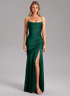 Azazie Grata Bridesmaid Dresses Emerald Sheath Side Slit Stretch Satin Dress image3