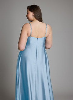Azazie Amani At-home Try On Dresses Dusty Blue A-Line Pleated Stretch Satin Dress image12
