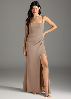 Azazie Rhoda Bridesmaid Dresses Taupe Sheath Pleated Stretch Crepe Dress image1