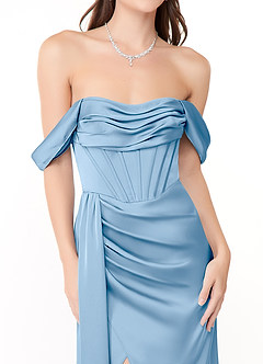 Azazie Amyra Jurken voor bruidsmeisjes Converteerbaar Jurk van Stretch Satijn met Zeemeermin Off the Shoulder Poederblauw image7