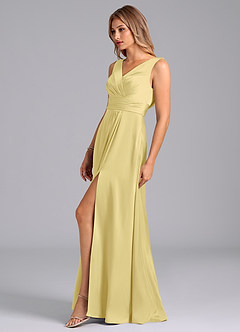 Azazie Karina Bridesmaid Dresses Lemon Sorbet A-Line Pleated Stretch Satin Dress image3