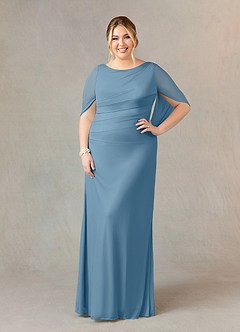 Azazie Belladonna vestidos de madre de la novia Vestido de Azul Acero de Malla de Sirena con Cuello en V Plisado image7