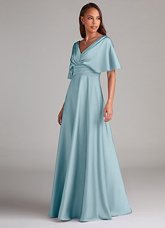 Azazie Pamela Robes de demoiselle d'honneur Robe Trapèze en Satin extensible Plissée Bleu Maussade image4