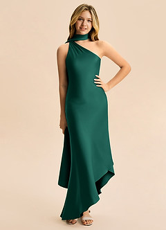 Azazie Briony Junior Emerald Sheath Pleated Stretch Satin Dress image3