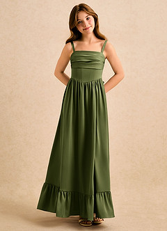 Azazie Maisie Girls Formal Blumenmädchenkleider A-Linie Gestreift Stretch-Satin Kleid Olivgrün image4
