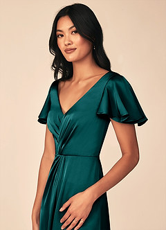 Azazie Soren Bridesmaid Dresses Peacock A-Line Pleated Stretch Satin Dress image7