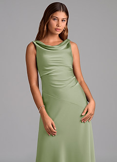 Azazie Nerine Brautjungfernkleider A-Linie Plissee Stretch-Satin Kleid Staubiger Salbeigrün image6