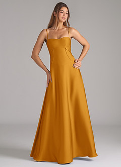 Azazie Valentine Bridesmaid Dresses Butterscotch A-Line Corset Stretch Satin Dress image4