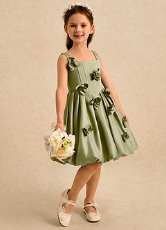 Azazie Lillian Robe Demoiselle D'honneur Fillette Robe Princesse en Mat Satiné Plissée Vert Mousse image4