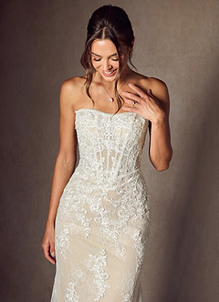 Azazie Caitlin Wedding Dresses Diamond White Champagne Mermaid Strapless Lace Dress image10
