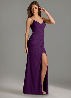 Azazie Maci Final Sale Grape Sheath Pleated Mesh Dress image3