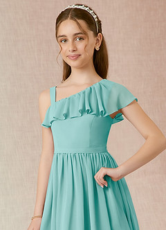 Azazie Mango Junior Aqua A-Line Ruched Chiffon Dress image4