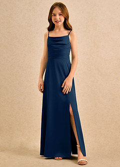 Azazie Chamomile Girls Formal Blumenmädchenkleider A-Linie Plissee Stretch-Satin Kleid Dunkelmarine image4