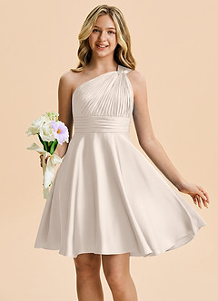 Azazie Charlize Junior White Alabaster A-Line Pleated Stretch Satin Dress image1