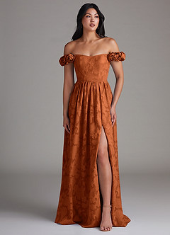 Azazie Autumn Vestidos de madrinha de casamento Vestido Laranja Queimada de Esgotamento Floral de Linha A com Fora do ombro image4