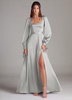 Azazie Leonia Bridesmaid Dresses Silver A-Line Long Sleeve Stretch Satin Dress image1