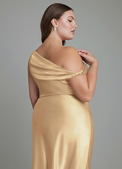 Azazie Emerson Bridesmaid Dresses Champagne Mermaid Off the Shoulder Metallic Satin Dress image6