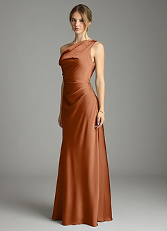 Azazie Emerson Bridesmaid Dresses Copper Mermaid Off the Shoulder Stretch Satin Dress image4