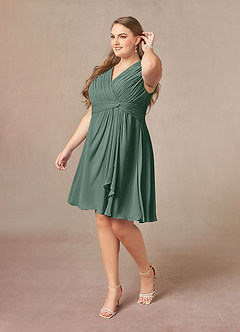 Azazie Theron At-home Try On Dresses Agave A-Line V-Neck Pleated Chiffon Dress image8