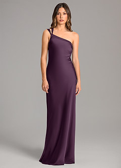 Azazie Monroe Bridesmaid Dresses Plum Mermaid One Shoulder Stretch Satin Dress image4