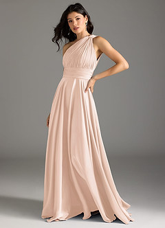 Azazie Charlize Bridesmaid Dresses Blushing Pink A-Line One Shoulder Stretch Satin Dress image4