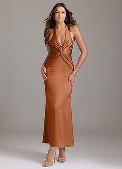 Azazie Valerie Bridesmaid Dresses Copper Mermaid Pleated Stretch Satin Dress image1