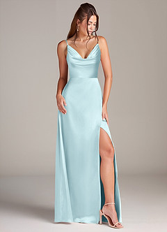 Azazie Sarella Robes de demoiselle d'honneur Robe Trapèze en Satin extensible Plissée Bleu Nuage image3