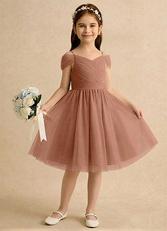 Azazie Lila Girls Formal Robe Demoiselle D'honneur Fillette Robe Trapèze en Tulle Épaule décolletée Bronze image4