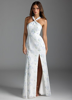 Azazie Rue Bridesmaid Dresses Blue Vintage Floral A-Line Halter Chiffon Dress image1