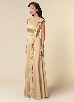 Azazie Narine Mother of the Bride Dresses Champagne A-Line High Neckline Pleated Stretch Satin Dress image2