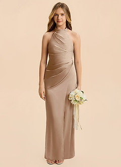 Azazie Jemma Junior Taupe Sheath Ruched Stretch Satin Dress image1
