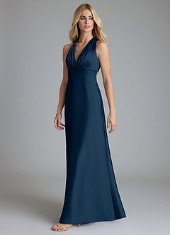 Azazie Raelynn Final Sale Dark Navy A-Line Pleated Stretch Satin Dress image1