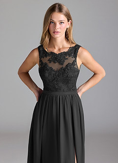 Azazie Elly Vestidos de damas de honor Vestido de Negro de Satén Elástico de Corte en A con Encaje image5