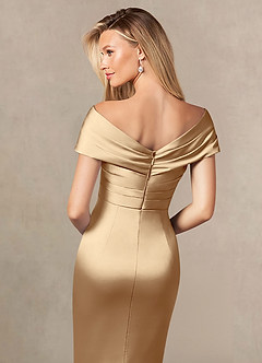 Azazie Ludlow At-home Try On Dresses Champagne Mermaid Pleated Stretch Satin Dress image5