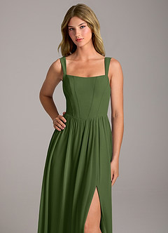 Azazie Rosaline Bridesmaid Dresses Olive A-Line Side Slit Chiffon Dress image2
