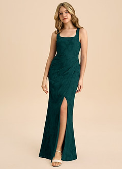 Azazie Mero Junior Pine Sheath Pleated Floral Burnout Dress image3