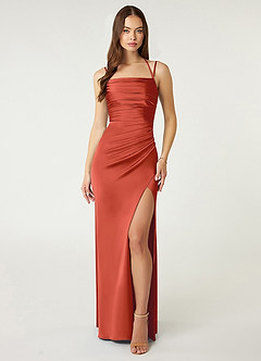 Azazie Desi Bridesmaid Dresses Rust Sheath Halter Corset Stretch Satin Dress image1