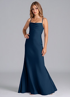 Azazie Seema Vestidos de damas de honor Vestido de Azul Marino Oscuro de Satén Elástico de Corte Sirena con Corsé image5