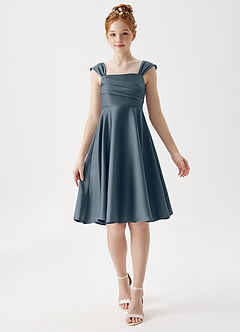 Azazie Amira Junior Twilight A-Line Pleated Stretch Satin Dress image1