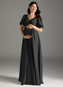Azazie Verna At-home Try On Dresses A-Line Ruched Stretch Satin Floor-Length Dress image3