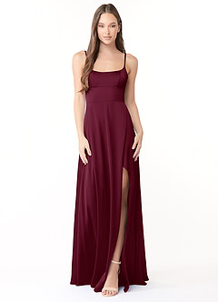 Azazie Halsey Bridesmaid Dresses Mulberry Sheath Side Slit Stretch Satin Dress image1
