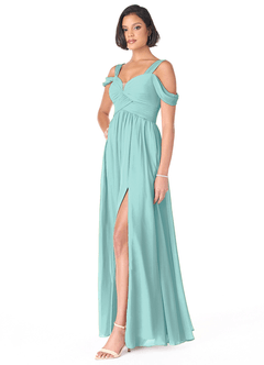 Azazie Lianne Bridesmaid Dresses Aqua A-Line Off the Shoulder Chiffon Dress image6
