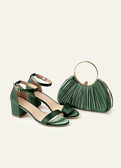 Matching Color Metallic Satin Block Low Heel Sandals & Pleated Handbag Set